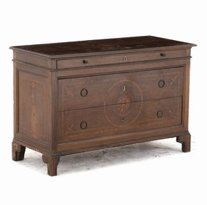 Cassettone lastronato, filettato e intarsiato. Piacenza (?),fine XVIII secolo  - Asta Antiquariato - Associazione Nazionale - Case d'Asta italiane