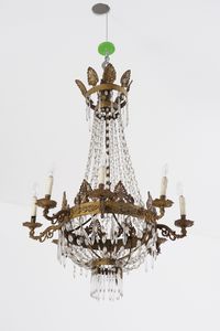 Coppia di lampadari a mongolfiera in metallo dorato e vetro. XIX secolo  - Asta Antiquariato - Associazione Nazionale - Case d'Asta italiane