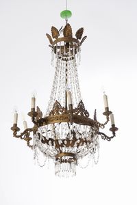 Coppia di lampadari a mongolfiera in metallo dorato e vetro. XIX secolo  - Asta Antiquariato - Associazione Nazionale - Case d'Asta italiane
