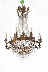 Coppia di lampadari a mongolfiera in metallo dorato e vetro. XIX secolo  - Asta Antiquariato - Associazione Nazionale - Case d'Asta italiane