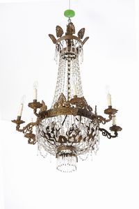 Coppia di lampadari a mongolfiera in metallo dorato e vetro. XIX secolo  - Asta Antiquariato - Associazione Nazionale - Case d'Asta italiane
