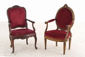 Lotto composto da due poltrone diverse e un tavolino. XVIII-XIX secolo  - Asta Antiquariato - Associazione Nazionale - Case d'Asta italiane