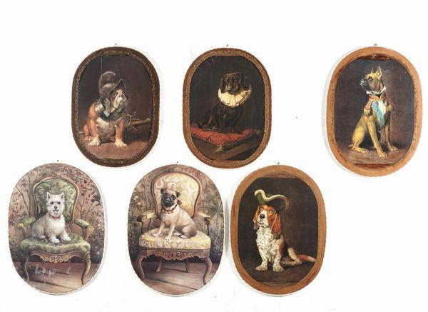 Cinque pannelli ovali raffiguranti cani  - Asta Antiquariato del XX secolo - Associazione Nazionale - Case d'Asta italiane