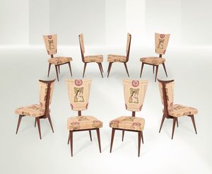 SILVIO CAVATORTA - Otto sedie con struttura in legno e rivestimenti in tessuto. Committenza privata di Roma. Prod. Cavatorta, Italia,  [..]