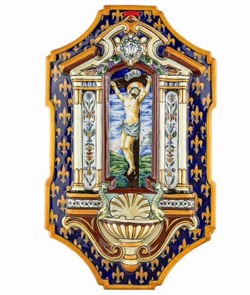 Acquasantiera in ceramica policroma, Gien, Francia, XX secolo  - Asta ASTA A TEMPO - Antiquariato, Dipinti, Oggetti d'Arte e Pastori da Presepe Napoletani - Associazione Nazionale - Case d'Asta italiane