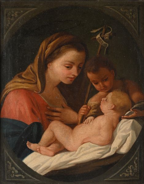Scuola romana del XVIII secolo : Madonna con Bambino e San Giovannino  - Asta ASTA A TEMPO - Antiquariato, Dipinti, Oggetti d'Arte e Pastori da Presepe Napoletani - Associazione Nazionale - Case d'Asta italiane