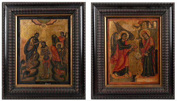 Scuola bizantina del XVIII secolo : A) Battesimo di Cristo B) Annunciazione Coppia di oli su tavola su sfondo oro  - Asta ASTA A TEMPO - Antiquariato, Dipinti, Oggetti d'Arte e Pastori da Presepe Napoletani - Associazione Nazionale - Case d'Asta italiane