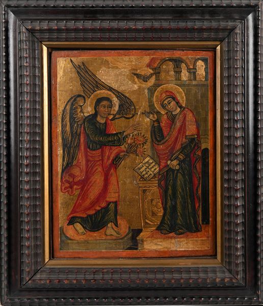 Scuola bizantina del XVIII secolo : A) Battesimo di Cristo B) Annunciazione Coppia di oli su tavola su sfondo oro  - Asta ASTA A TEMPO - Antiquariato, Dipinti, Oggetti d'Arte e Pastori da Presepe Napoletani - Associazione Nazionale - Case d'Asta italiane