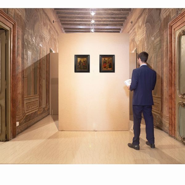 Scuola bizantina del XVIII secolo : A) Battesimo di Cristo B) Annunciazione Coppia di oli su tavola su sfondo oro  - Asta ASTA A TEMPO - Antiquariato, Dipinti, Oggetti d'Arte e Pastori da Presepe Napoletani - Associazione Nazionale - Case d'Asta italiane