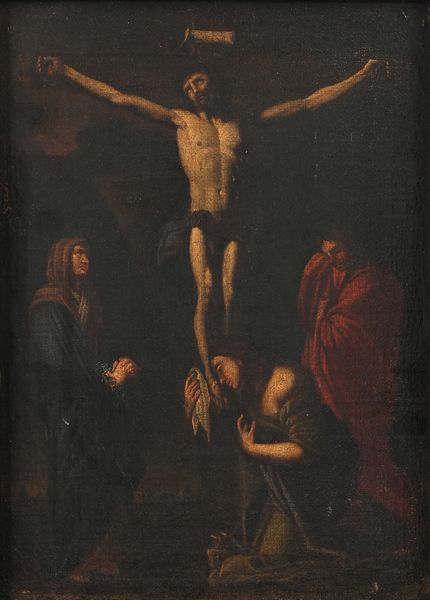 PITTORE DEL XVII SECOLO : Crocifissione di Cristo  - Asta ASTA A TEMPO - Antiquariato, Dipinti, Oggetti d'Arte e Pastori da Presepe Napoletani - Associazione Nazionale - Case d'Asta italiane