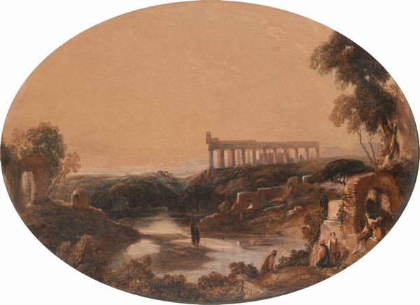 Scuola romana inizi del XIX secolo : Paesaggio lacustre con tempio classico  - Asta ASTA A TEMPO - Antiquariato, Dipinti, Oggetti d'Arte e Pastori da Presepe Napoletani - Associazione Nazionale - Case d'Asta italiane