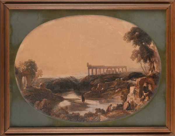 Scuola romana inizi del XIX secolo : Paesaggio lacustre con tempio classico  - Asta ASTA A TEMPO - Antiquariato, Dipinti, Oggetti d'Arte e Pastori da Presepe Napoletani - Associazione Nazionale - Case d'Asta italiane