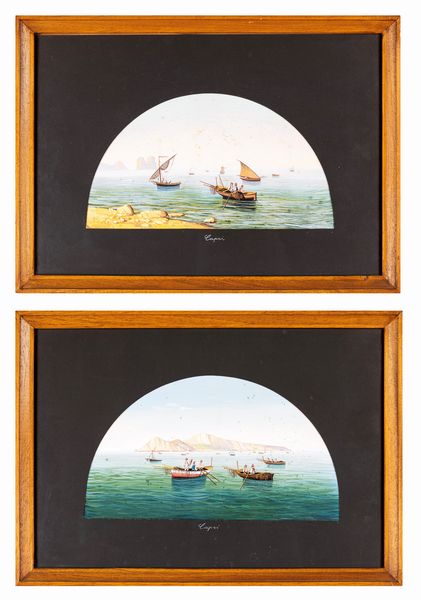 Pittore degli inizi del XX secolo : a) Barche con pescatori a Capri;  b) Barche con pescatori ai faraglioni  - Asta ASTA A TEMPO - Antiquariato, Dipinti, Oggetti d'Arte e Pastori da Presepe Napoletani - Associazione Nazionale - Case d'Asta italiane