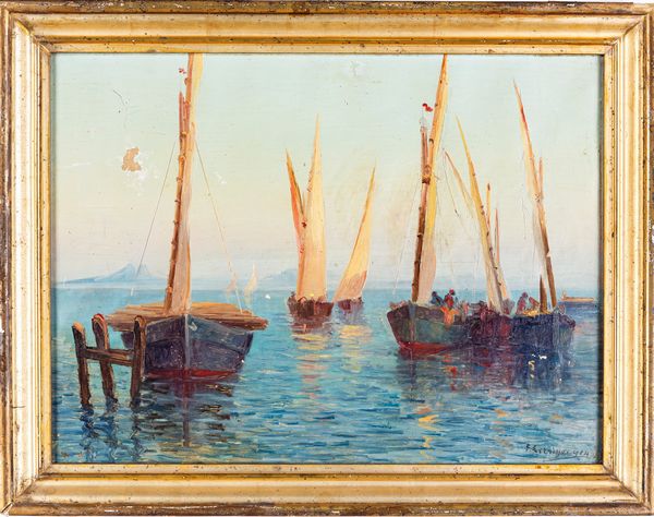 PITTORE DEL XX SECOLO : Paranze nel Golfo di Napoli  - Asta ASTA A TEMPO - Antiquariato, Dipinti, Oggetti d'Arte e Pastori da Presepe Napoletani - Associazione Nazionale - Case d'Asta italiane