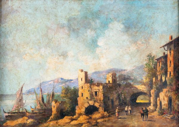 A. Battara : Veduta marina con ruderi e barche  - Asta ASTA A TEMPO - Antiquariato, Dipinti, Oggetti d'Arte e Pastori da Presepe Napoletani - Associazione Nazionale - Case d'Asta italiane