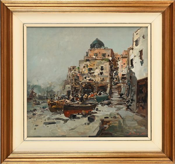 Ezelino Briante : Scorcio di paese con barche  - Asta ASTA A TEMPO - Antiquariato, Dipinti, Oggetti d'Arte e Pastori da Presepe Napoletani - Associazione Nazionale - Case d'Asta italiane