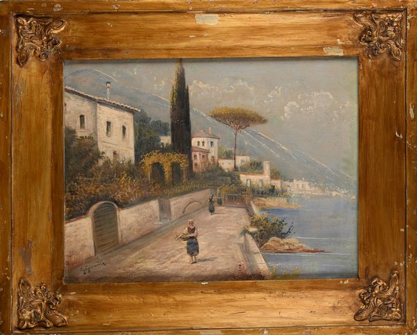 Girolamo Gianni : Gianni - Veduta lungo mare  - Asta ASTA A TEMPO - Antiquariato, Dipinti, Oggetti d'Arte e Pastori da Presepe Napoletani - Associazione Nazionale - Case d'Asta italiane