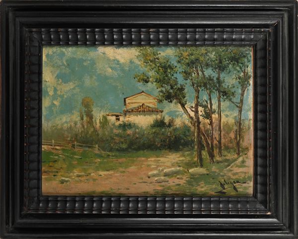 Pittore fine XIX/inizi XX secolo : Paesaggio con casolare ed alberi  - Asta ASTA A TEMPO - Antiquariato, Dipinti, Oggetti d'Arte e Pastori da Presepe Napoletani - Associazione Nazionale - Case d'Asta italiane