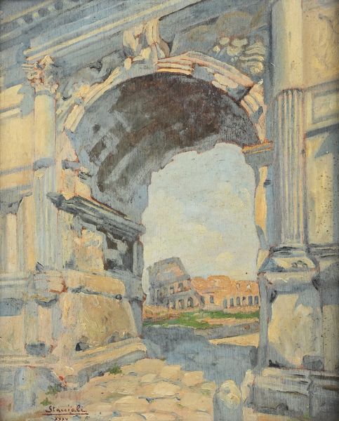 PITTORE DEL XX SECOLO : Veduta del Colosseo dall'Arco di Tito  - Asta ASTA A TEMPO - Antiquariato, Dipinti, Oggetti d'Arte e Pastori da Presepe Napoletani - Associazione Nazionale - Case d'Asta italiane