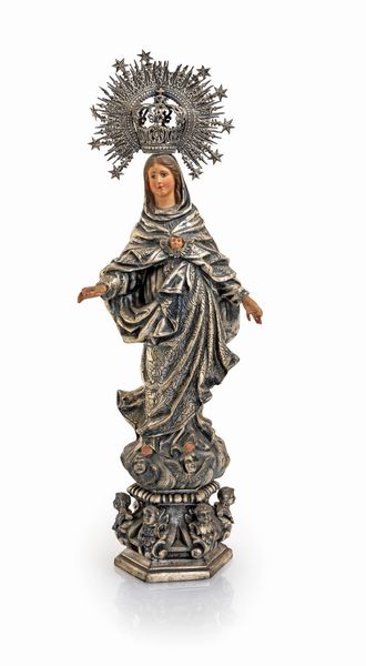 Vergine Immacolata in metallo patinato e dipinto  - Asta ASTA A TEMPO - Antiquariato, Dipinti, Oggetti d'Arte e Pastori da Presepe Napoletani - Associazione Nazionale - Case d'Asta italiane