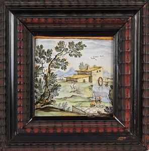 Mattonella in maiolica policroma, manifattura di Castelli, XX secolo  - Asta ASTA A TEMPO - Antiquariato, Dipinti, Oggetti d'Arte e Pastori da Presepe Napoletani - Associazione Nazionale - Case d'Asta italiane