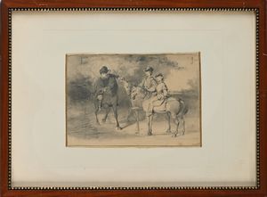 Scuola Inglese XIX secolo : Tre giovani a cavallo  - Asta ASTA A TEMPO - Antiquariato, Dipinti, Oggetti d'Arte e Pastori da Presepe Napoletani - Associazione Nazionale - Case d'Asta italiane