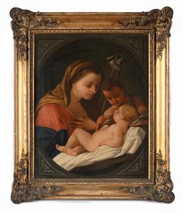 Scuola romana del XVIII secolo : Madonna con Bambino e San Giovannino  - Asta ASTA A TEMPO - Antiquariato, Dipinti, Oggetti d'Arte e Pastori da Presepe Napoletani - Associazione Nazionale - Case d'Asta italiane