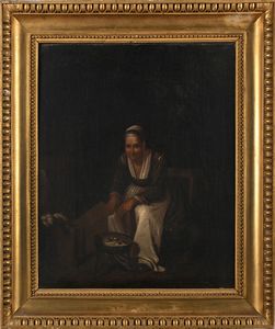 PITTORE DEL XVIII SECOLO : Interno popolana con braciere  - Asta ASTA A TEMPO - Antiquariato, Dipinti, Oggetti d'Arte e Pastori da Presepe Napoletani - Associazione Nazionale - Case d'Asta italiane