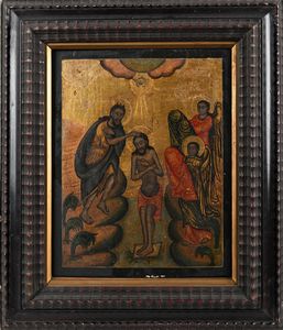 Scuola bizantina del XVIII secolo : A) Battesimo di Cristo B) Annunciazione Coppia di oli su tavola su sfondo oro  - Asta ASTA A TEMPO - Antiquariato, Dipinti, Oggetti d'Arte e Pastori da Presepe Napoletani - Associazione Nazionale - Case d'Asta italiane