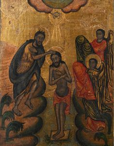 Scuola bizantina del XVIII secolo : A) Battesimo di Cristo B) Annunciazione Coppia di oli su tavola su sfondo oro  - Asta ASTA A TEMPO - Antiquariato, Dipinti, Oggetti d'Arte e Pastori da Presepe Napoletani - Associazione Nazionale - Case d'Asta italiane