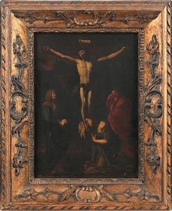PITTORE DEL XVII SECOLO : Crocifissione di Cristo  - Asta ASTA A TEMPO - Antiquariato, Dipinti, Oggetti d'Arte e Pastori da Presepe Napoletani - Associazione Nazionale - Case d'Asta italiane
