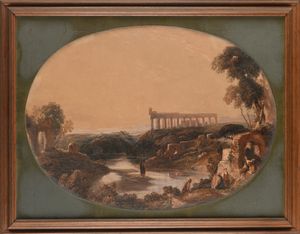 Scuola romana inizi del XIX secolo : Paesaggio lacustre con tempio classico  - Asta ASTA A TEMPO - Antiquariato, Dipinti, Oggetti d'Arte e Pastori da Presepe Napoletani - Associazione Nazionale - Case d'Asta italiane