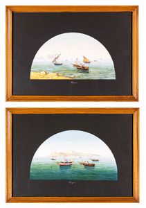 Pittore degli inizi del XX secolo - a) Barche con pescatori a Capri;  b) Barche con pescatori ai faraglioni