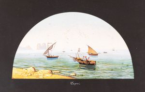 Pittore degli inizi del XX secolo : a) Barche con pescatori a Capri;  b) Barche con pescatori ai faraglioni  - Asta ASTA A TEMPO - Antiquariato, Dipinti, Oggetti d'Arte e Pastori da Presepe Napoletani - Associazione Nazionale - Case d'Asta italiane