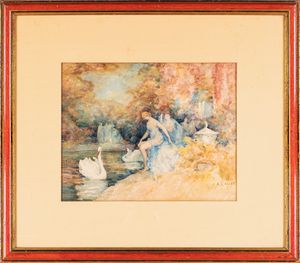 Pittore del XIX secolo<br>Pittore del XX secolo - Bagnanti con cigni