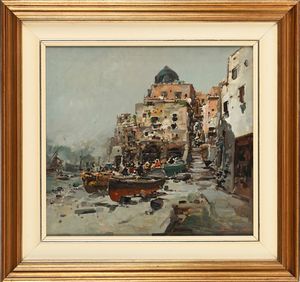Ezelino Briante : Scorcio di paese con barche  - Asta ASTA A TEMPO - Antiquariato, Dipinti, Oggetti d'Arte e Pastori da Presepe Napoletani - Associazione Nazionale - Case d'Asta italiane
