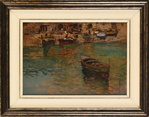 Ezelino Briante : Marina con barche  - Asta ASTA A TEMPO - Antiquariato, Dipinti, Oggetti d'Arte e Pastori da Presepe Napoletani - Associazione Nazionale - Case d'Asta italiane