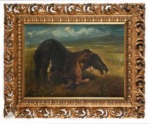 Pittore del XIX/XX secolo : Tigre che azzanna un cavallo  - Asta ASTA A TEMPO - Antiquariato, Dipinti, Oggetti d'Arte e Pastori da Presepe Napoletani - Associazione Nazionale - Case d'Asta italiane