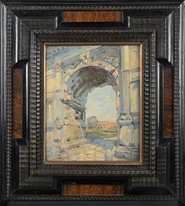 PITTORE DEL XX SECOLO : Veduta del Colosseo dall'Arco di Tito  - Asta ASTA A TEMPO - Antiquariato, Dipinti, Oggetti d'Arte e Pastori da Presepe Napoletani - Associazione Nazionale - Case d'Asta italiane