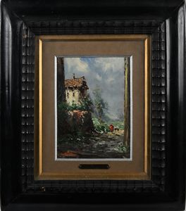 Athos Brioschi : Paesaggio con casolare  - Asta ASTA A TEMPO - Antiquariato, Dipinti, Oggetti d'Arte e Pastori da Presepe Napoletani - Associazione Nazionale - Case d'Asta italiane