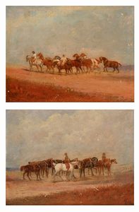 PITTORE DEL XIX SECOLO - Coppia di dipinti raffiguranti cavalli e cavalieri