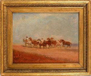 PITTORE DEL XIX SECOLO : Coppia di dipinti raffiguranti cavalli e cavalieri  - Asta ASTA A TEMPO - Antiquariato, Dipinti, Oggetti d'Arte e Pastori da Presepe Napoletani - Associazione Nazionale - Case d'Asta italiane