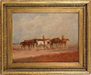 PITTORE DEL XIX SECOLO : Coppia di dipinti raffiguranti cavalli e cavalieri  - Asta ASTA A TEMPO - Antiquariato, Dipinti, Oggetti d'Arte e Pastori da Presepe Napoletani - Associazione Nazionale - Case d'Asta italiane