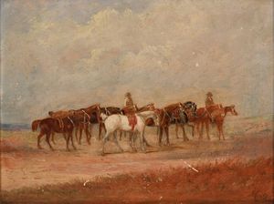 PITTORE DEL XIX SECOLO : Coppia di dipinti raffiguranti cavalli e cavalieri  - Asta ASTA A TEMPO - Antiquariato, Dipinti, Oggetti d'Arte e Pastori da Presepe Napoletani - Associazione Nazionale - Case d'Asta italiane