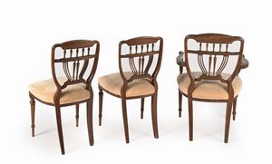 Poltroncina con balaustrini intarsiata e coppia di sedie en suite  - Asta ASTA A TEMPO - Antiquariato, Dipinti, Oggetti d'Arte e Pastori da Presepe Napoletani - Associazione Nazionale - Case d'Asta italiane