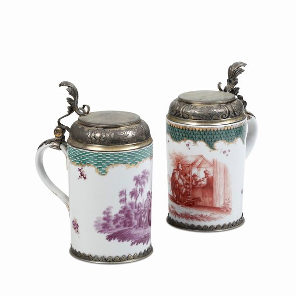 Due boccali da birra.<BR>Probabilmente Germania, fine XIX o inizio XX secolo.  - Asta Maioliche, Porcellane e Vetri - Associazione Nazionale - Case d'Asta italiane