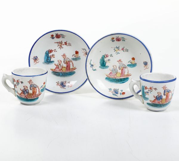 Coppia di tazze con piattino.<BR>Veneto, probabilmente Nove, XIX secolo.  - Asta Maioliche, Porcellane e Vetri - Associazione Nazionale - Case d'Asta italiane