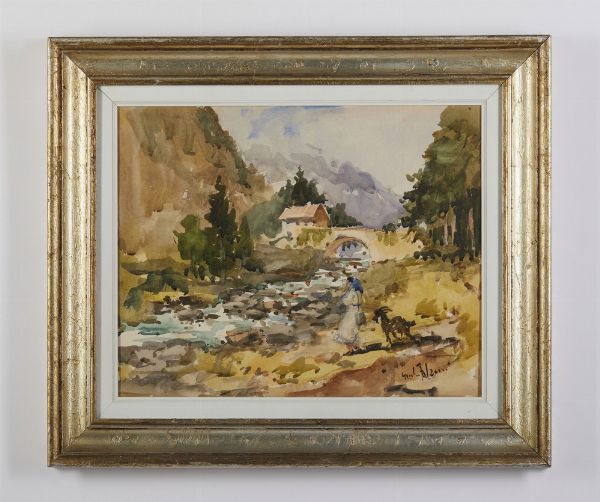 FALZONI GIULIO (1900 - 1978) : PAESAGGIO MONTANO CON FIGURA  - Asta Asta 499 | ARTE MODERNA E CONTEMPORANEA Virtuale - Associazione Nazionale - Case d'Asta italiane