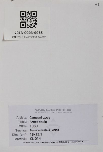 CAMPANI LUCIA : SENZA TITOLO  - Asta Asta 499 | ARTE MODERNA E CONTEMPORANEA Virtuale - Associazione Nazionale - Case d'Asta italiane