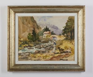 FALZONI GIULIO (1900 - 1978) : PAESAGGIO MONTANO CON FIGURA  - Asta Asta 499 | ARTE MODERNA E CONTEMPORANEA Virtuale - Associazione Nazionale - Case d'Asta italiane
